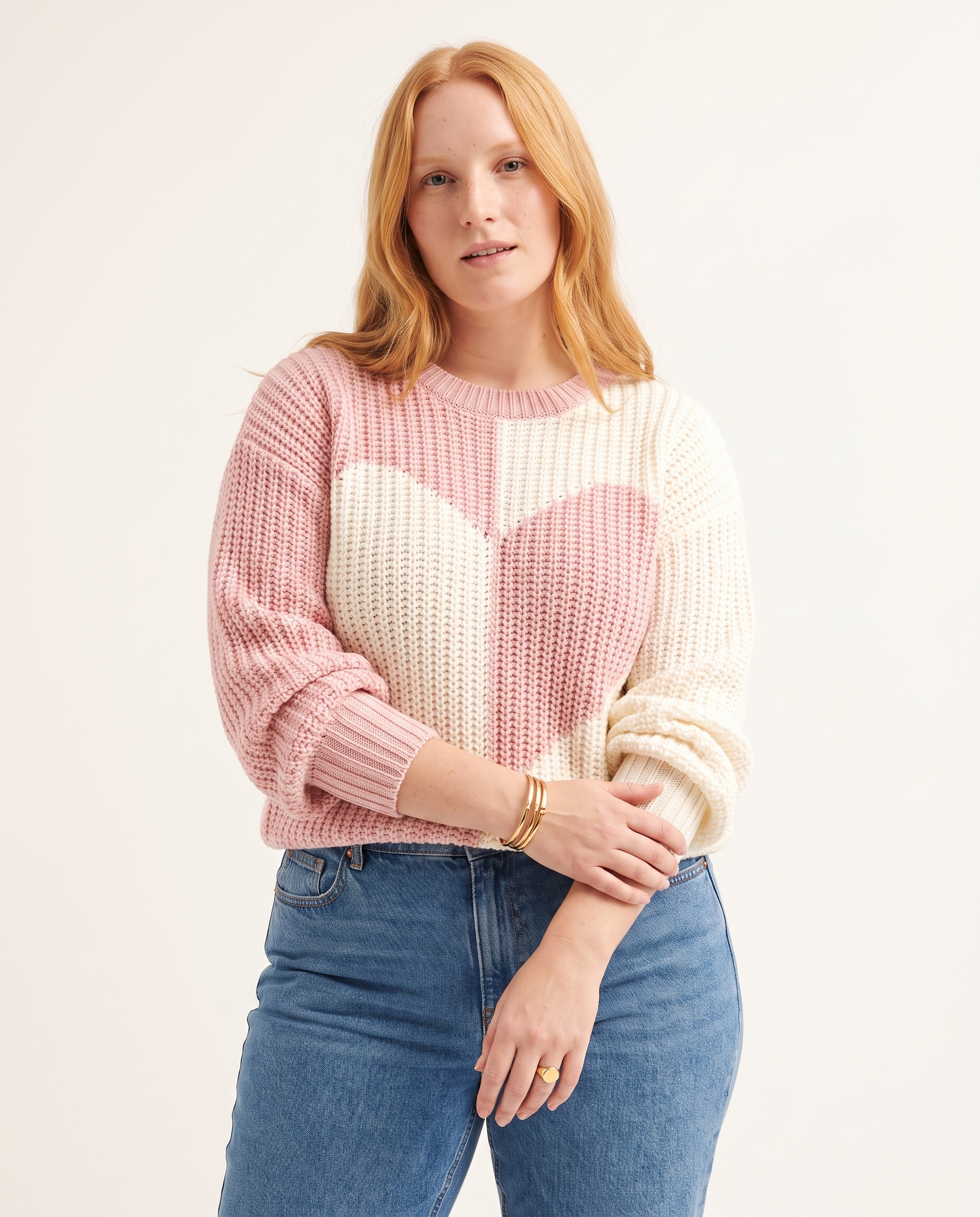 Knit & Loom Heart Colourblock Sweater in Pink