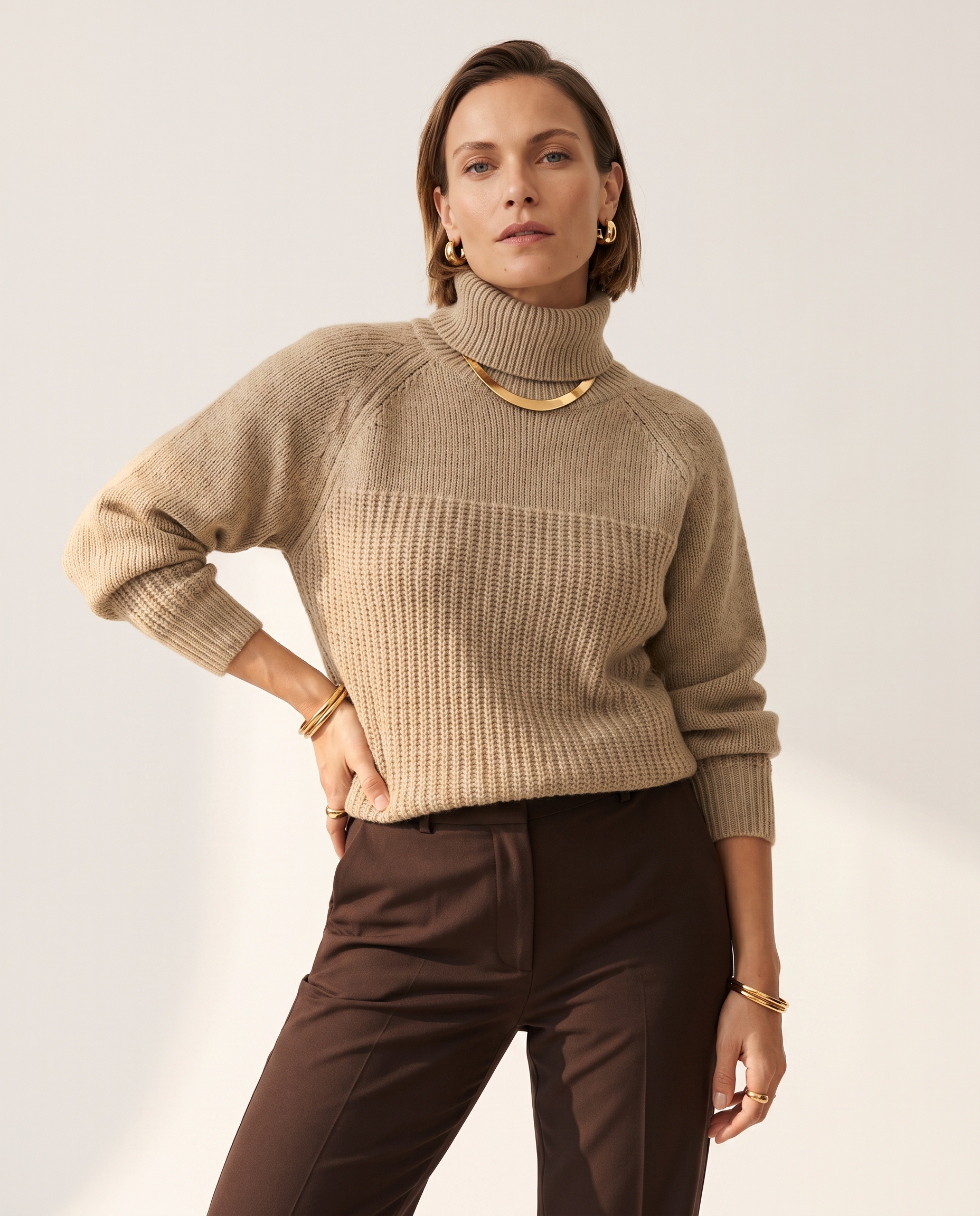 Knit & Loom Raglan Collar Knit in Khaki