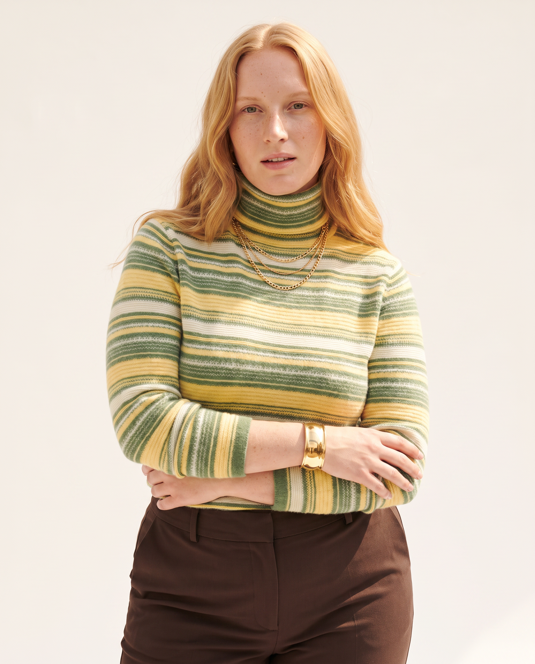 Knit & Loom Stripe Roll Neck in Green Yellow