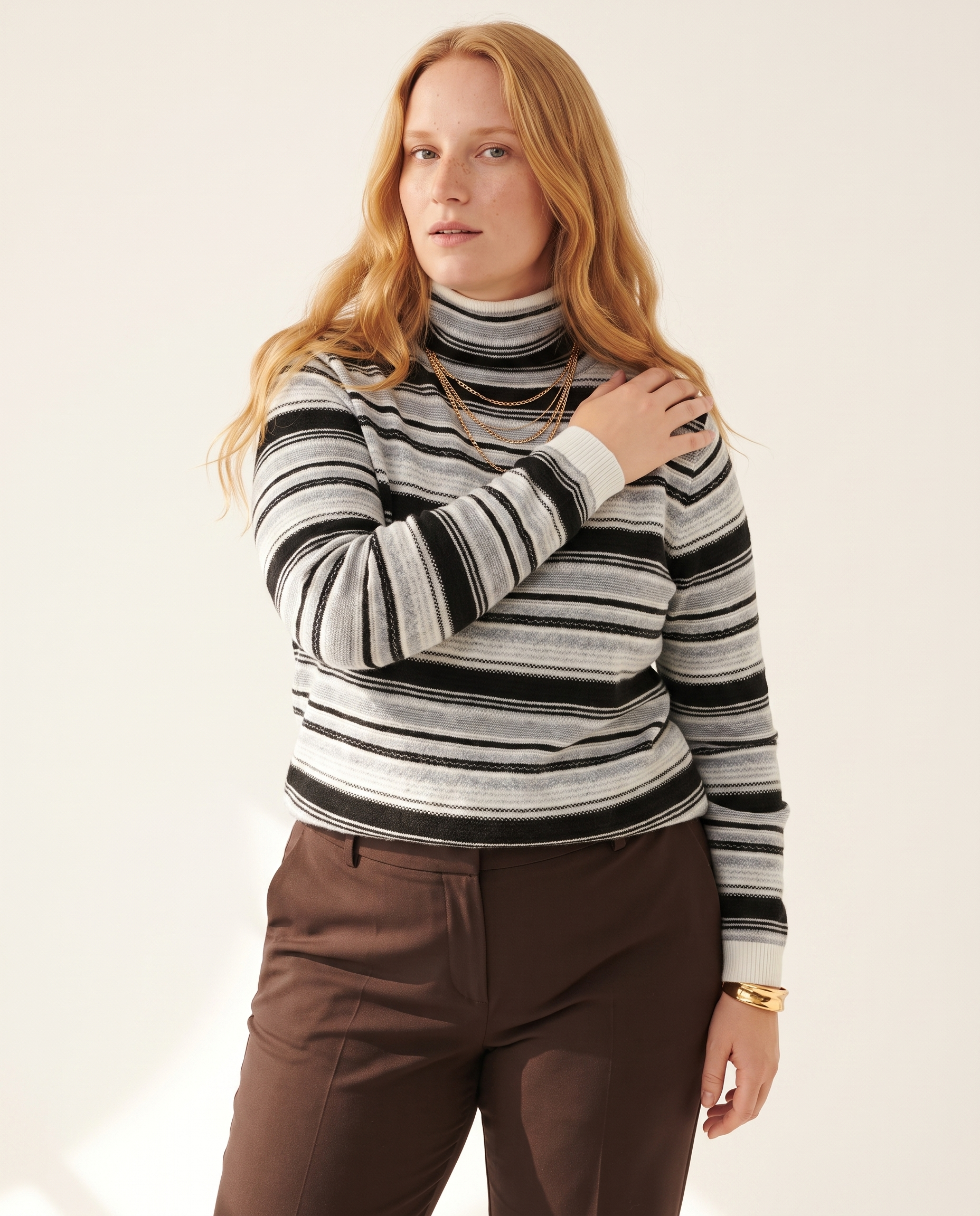 Knit & Loom Stripe Roll Neck in White Grey