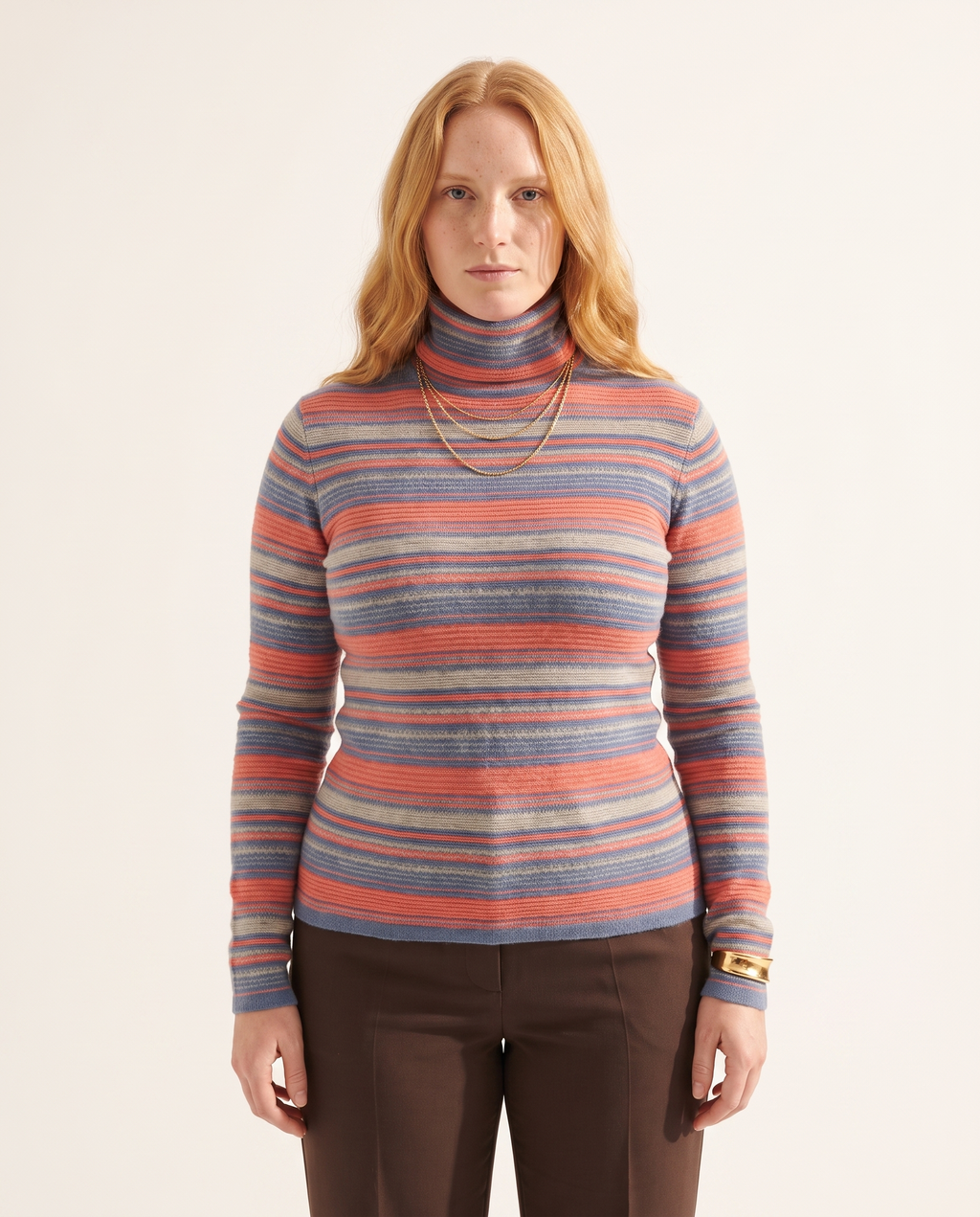 Knit & Loom Stripe Roll Neck in Coral Stripe