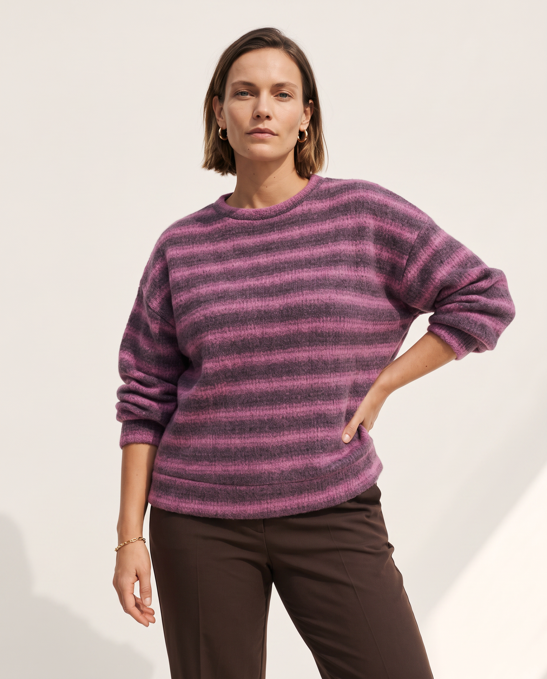 Knit & Loom Soft Stripe Crewneck in Dark Pink