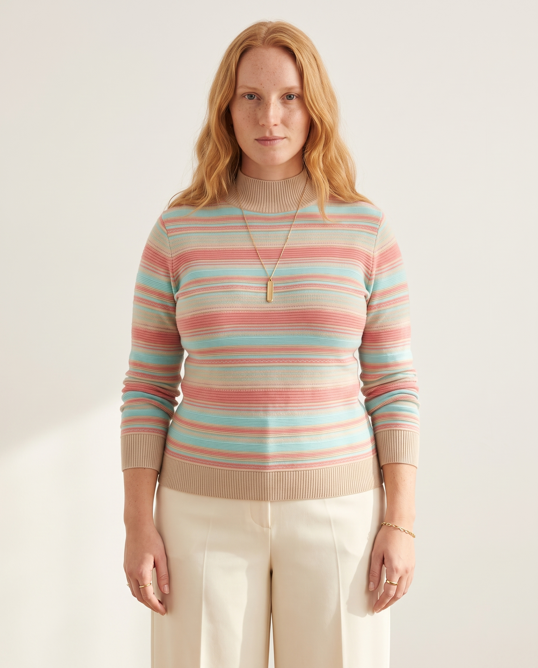 Knit & Loom Rib Stripe Mock Neck in Beige