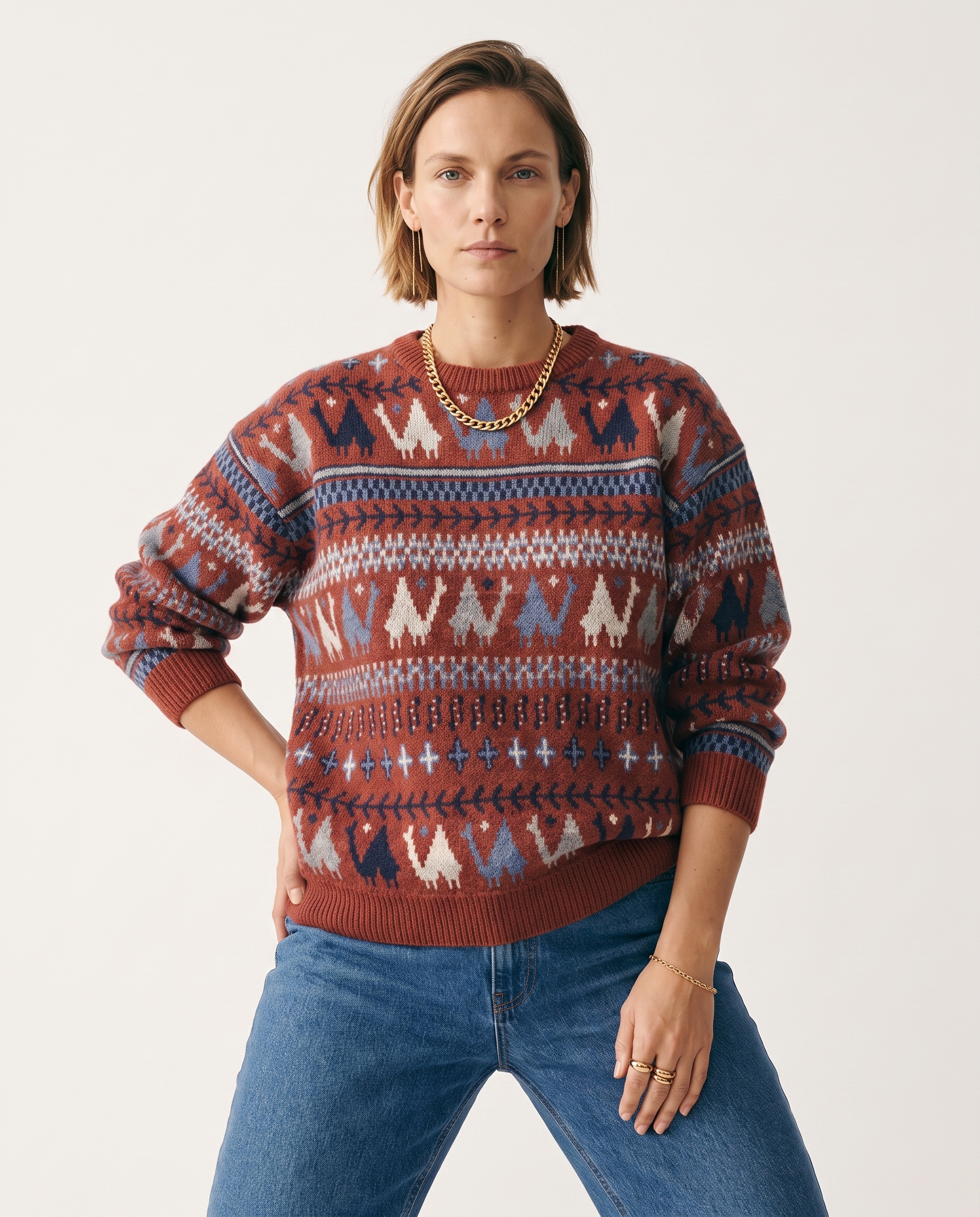 Knit & Loom Folk Pattern Sweater in Red