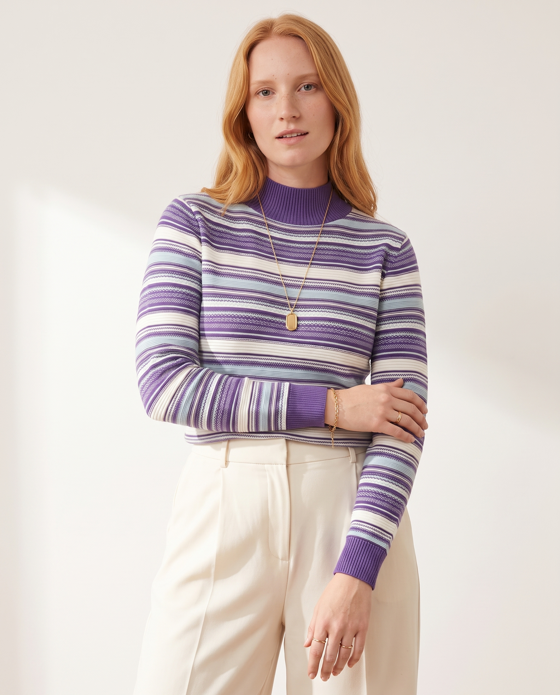 Knit & Loom Rib Stripe Mock Neck in Purple