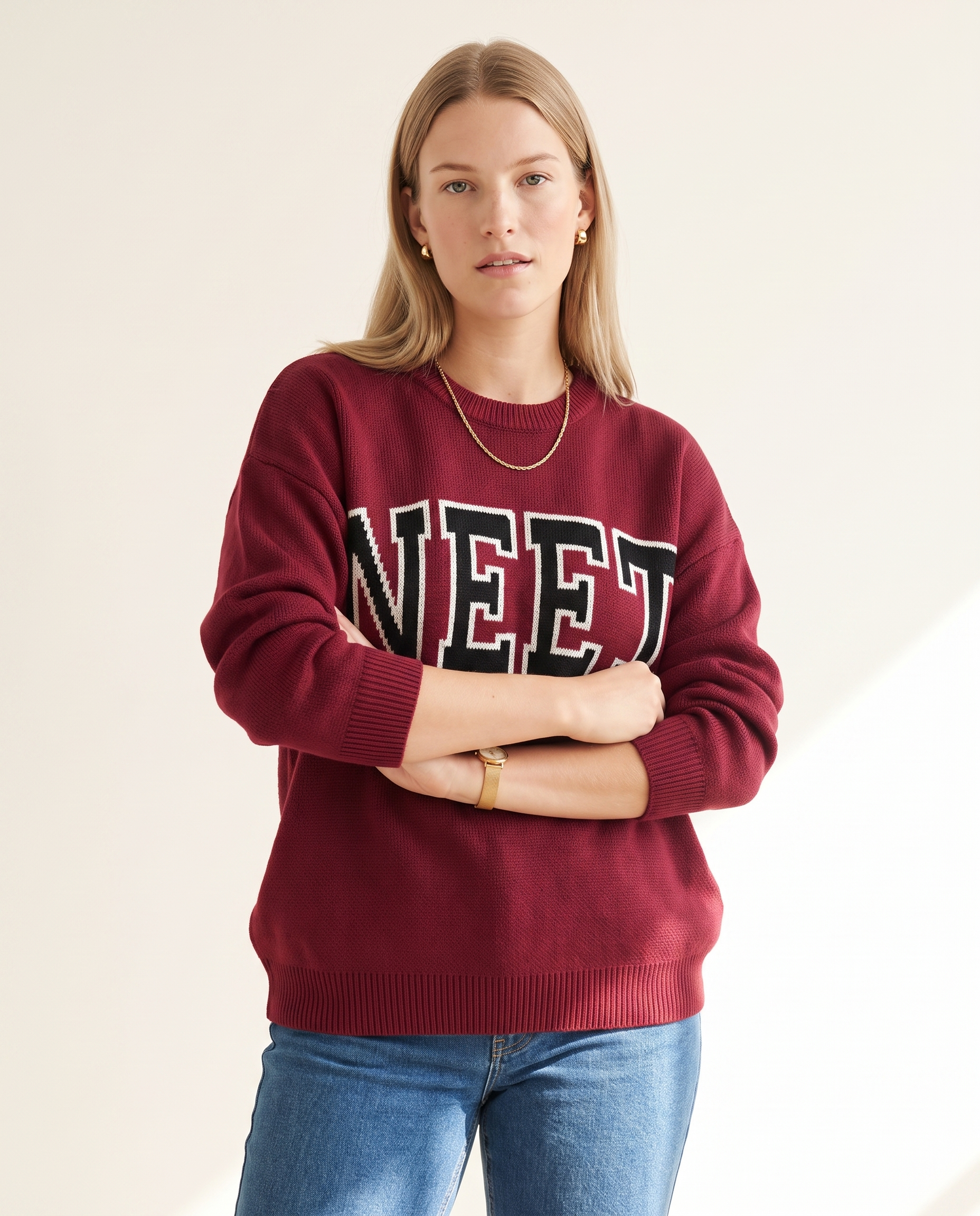 Knit & Loom Varsity Knit Top in Wine Red