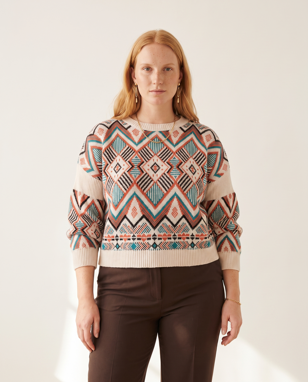 Knit & Loom Diamond Jacquard Sweater in Beige
