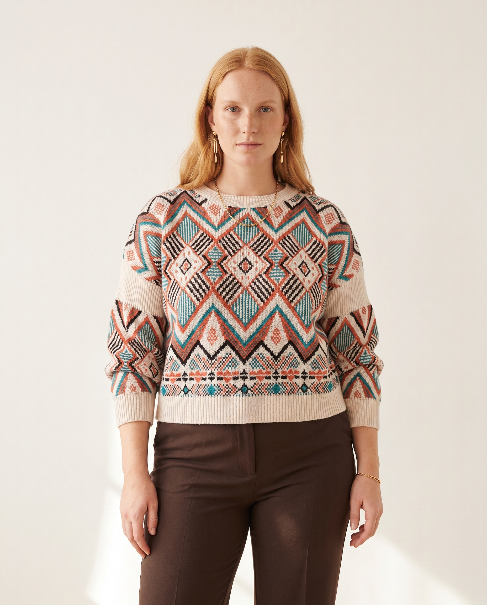 Knit & Loom Diamond Jacquard Sweater in Beige