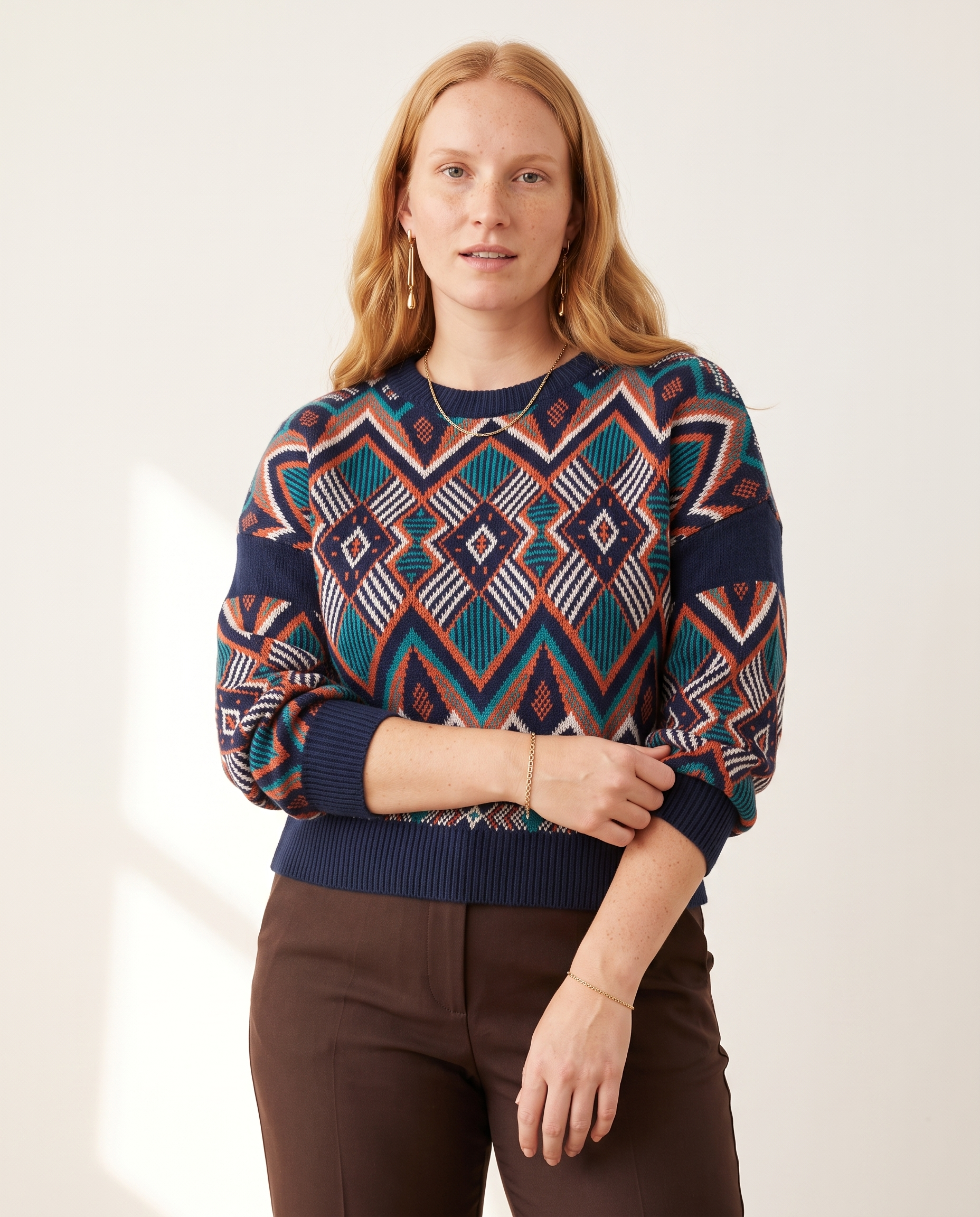 Knit & Loom Diamond Jacquard Sweater in Navy Blue