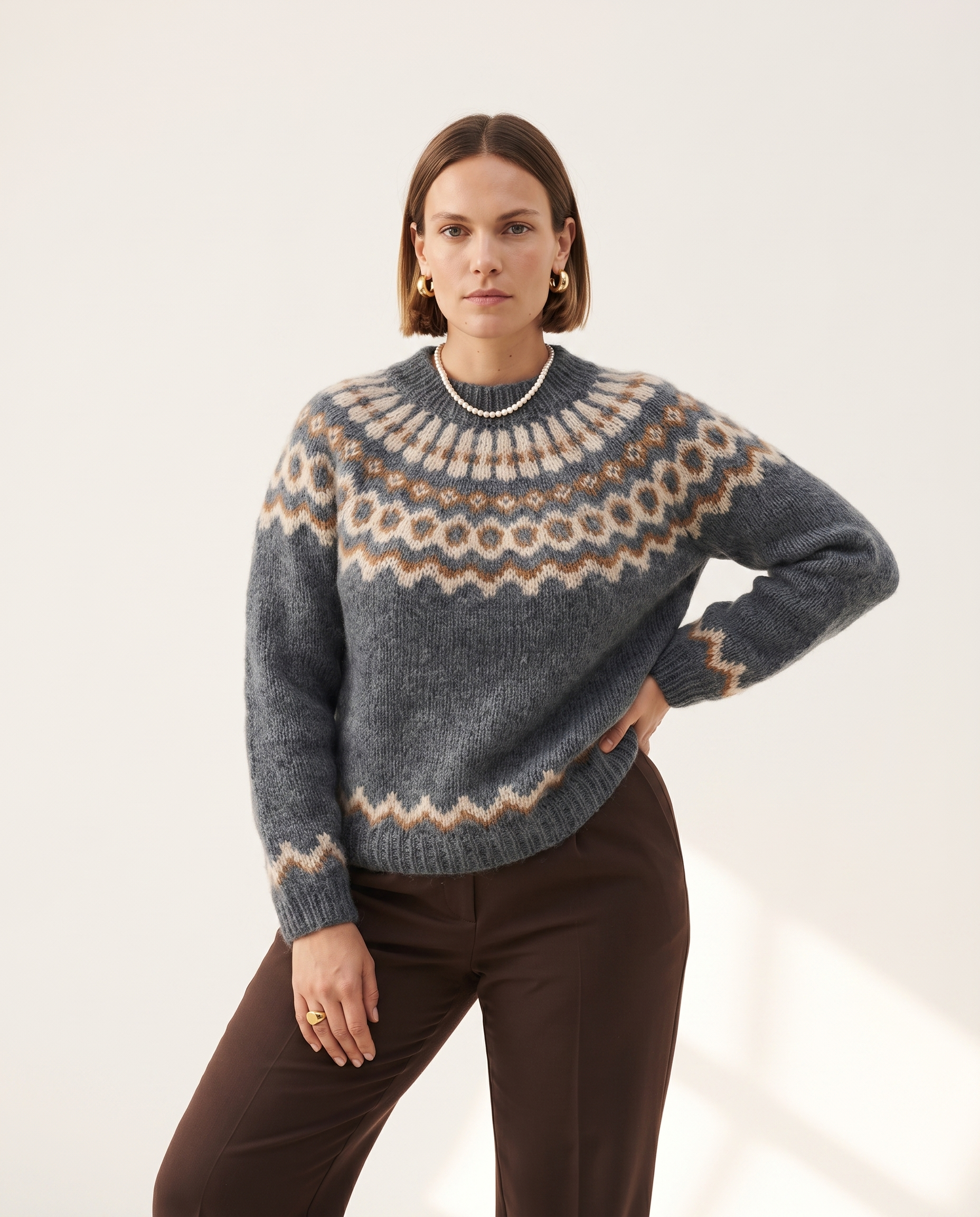 Knit & Loom Fair Isle Yoke Sweater in Dark Grey
