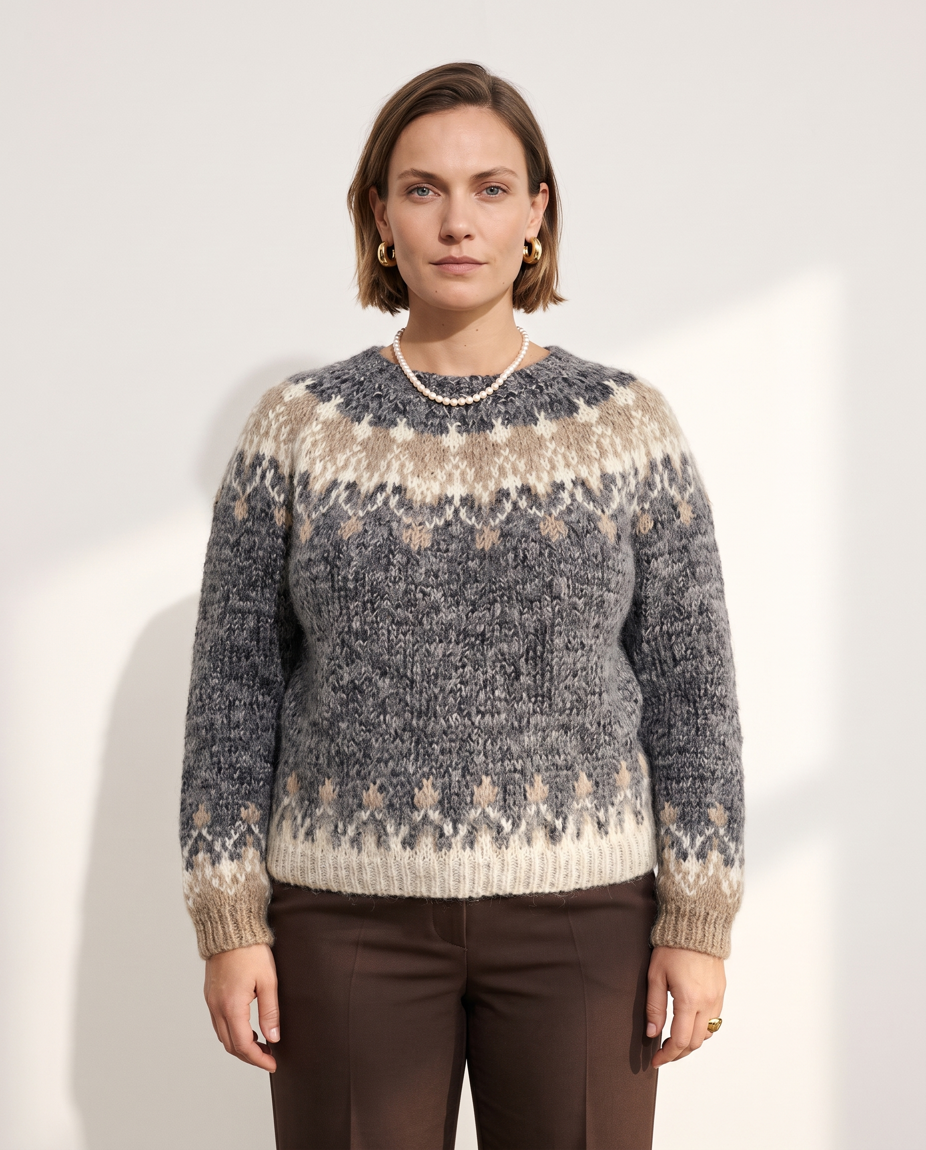 Knit & Loom Fair Isle Yoke Sweater in Grey Marl