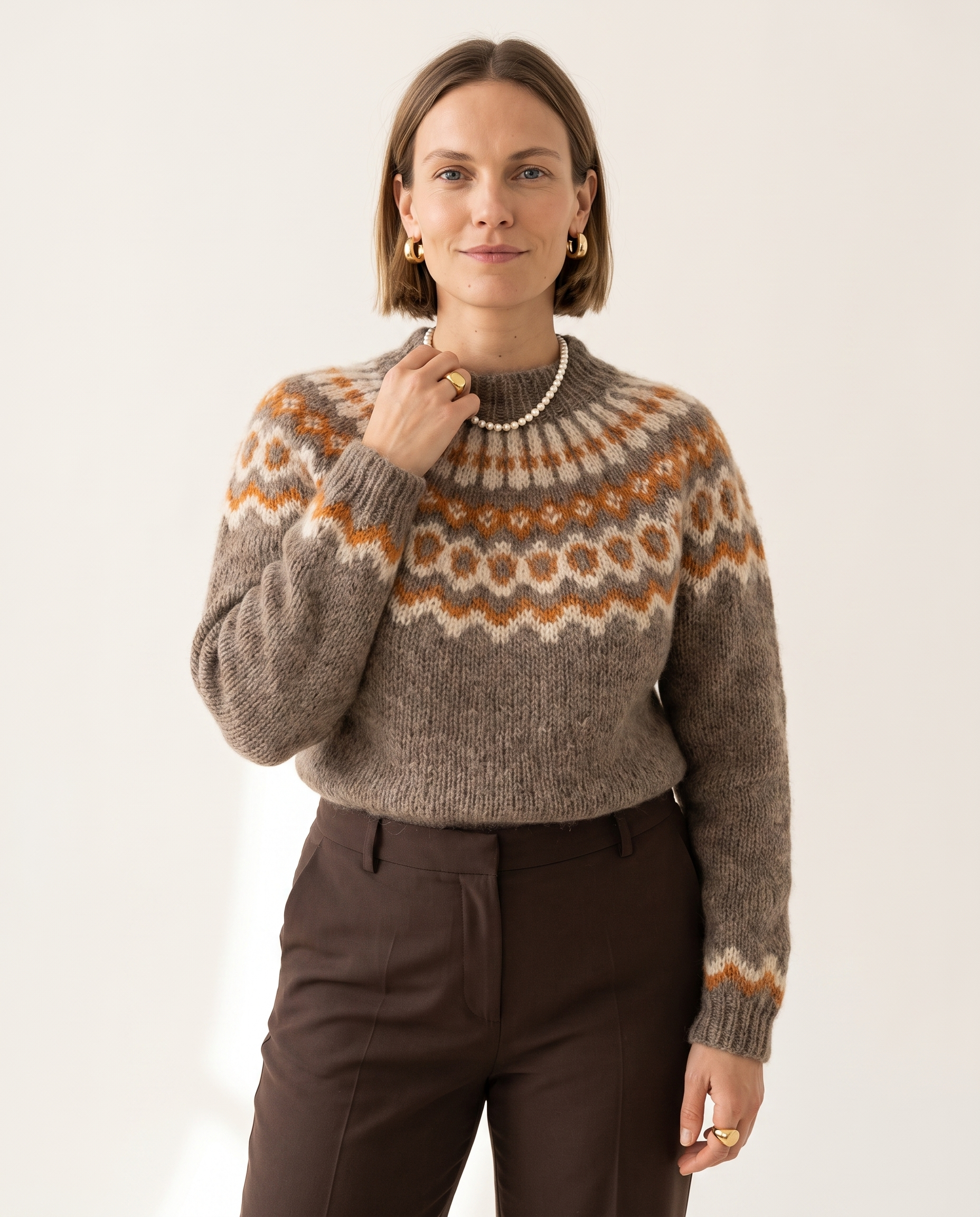 Knit & Loom Fair Isle Yoke Sweater in Brown