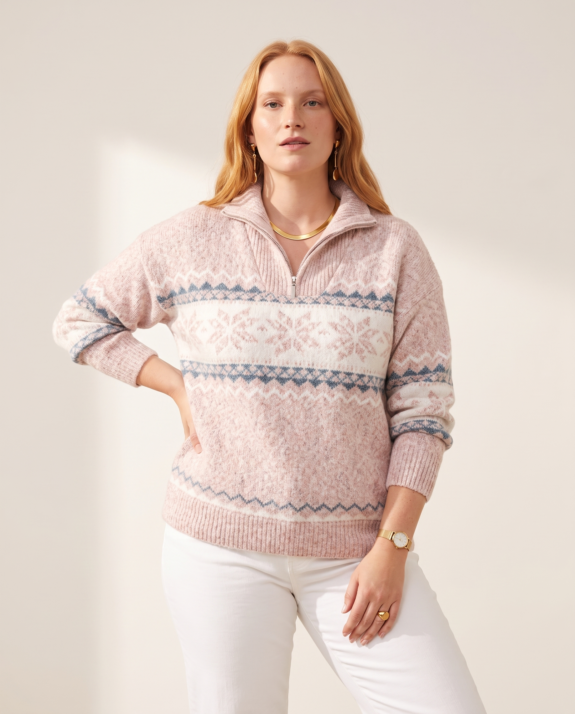 Knit & Loom Snowdrift Half-Neck Sweater in Pink