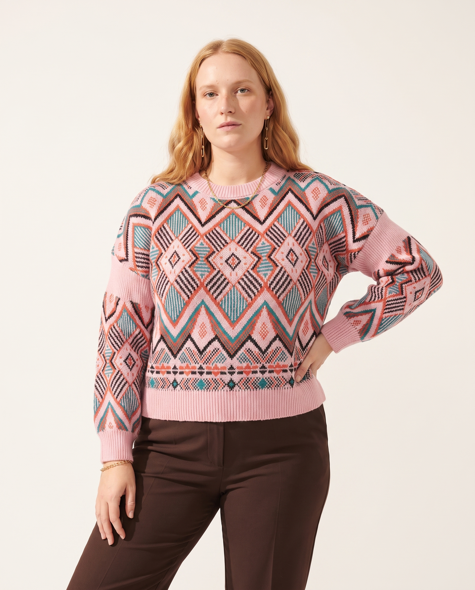 Knit & Loom Diamond Jacquard Sweater in Pink