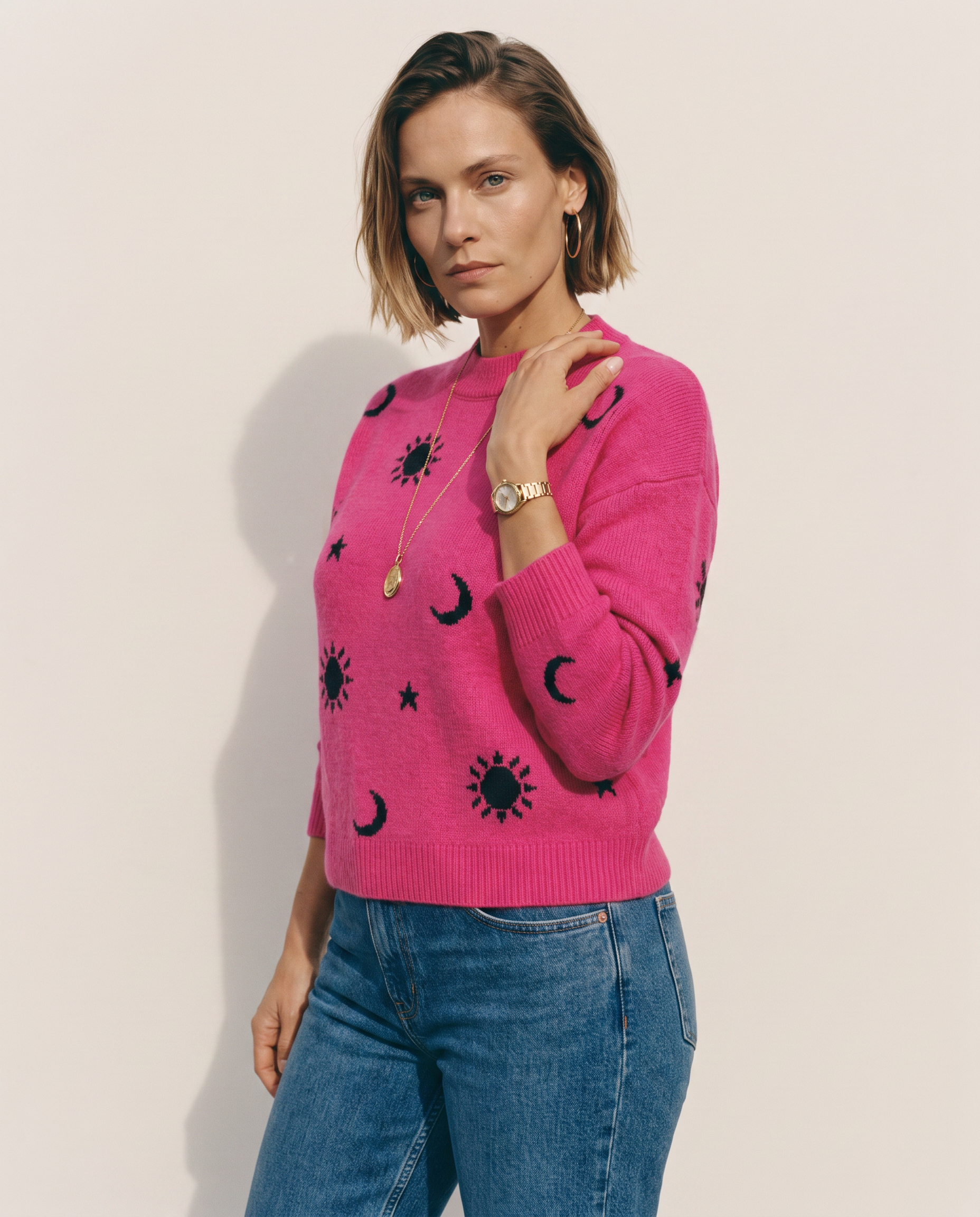 Knit & Loom Jacquard Pullover in Rose Red
