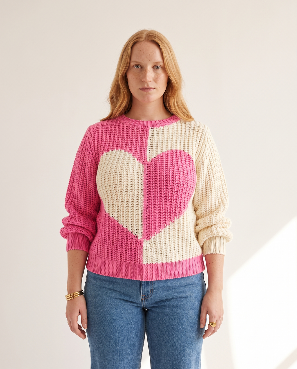 Knit & Loom Heart Colourblock Sweater in Pink