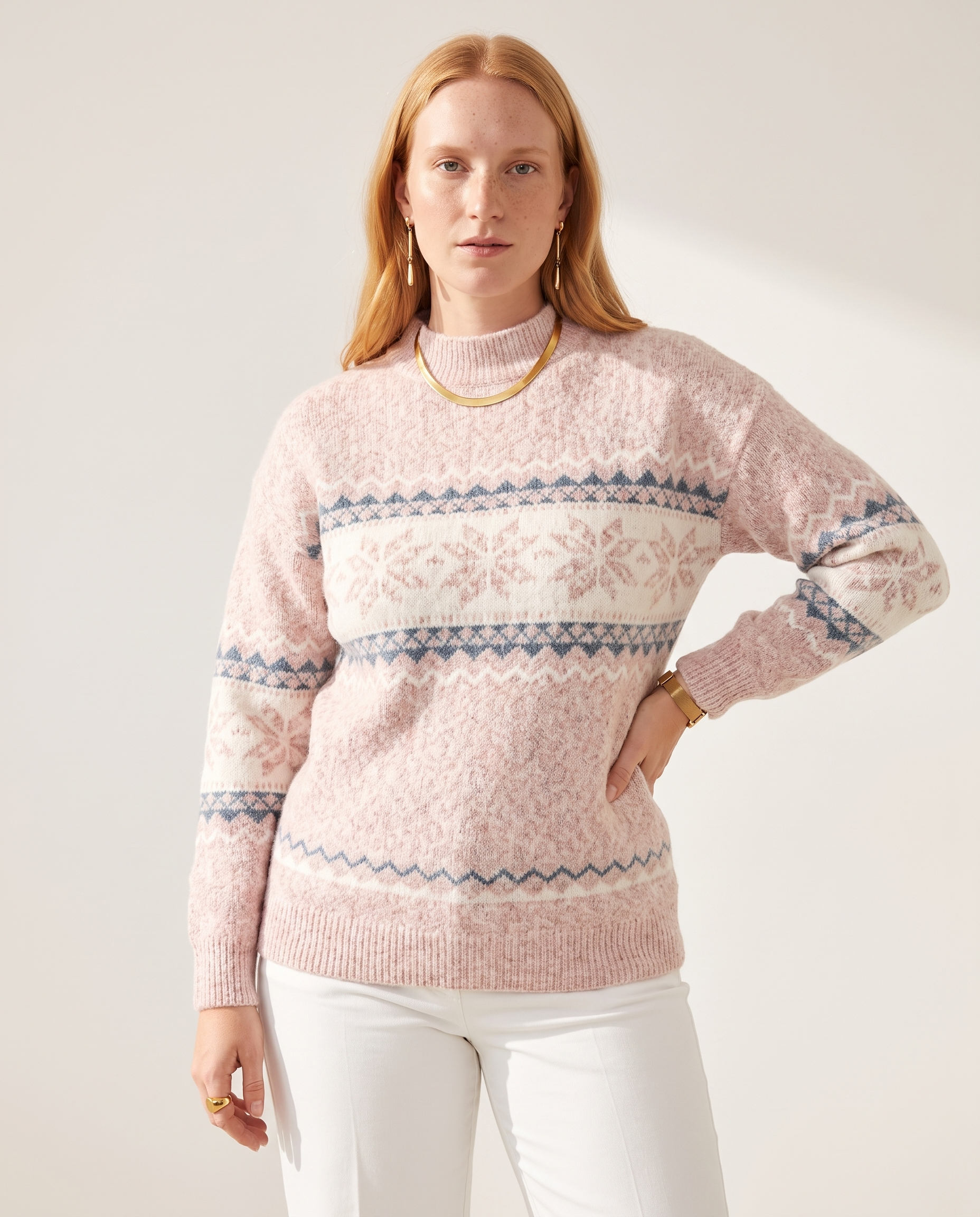 Knit & Loom Snowdrift Half-Neck Sweater in Pink
