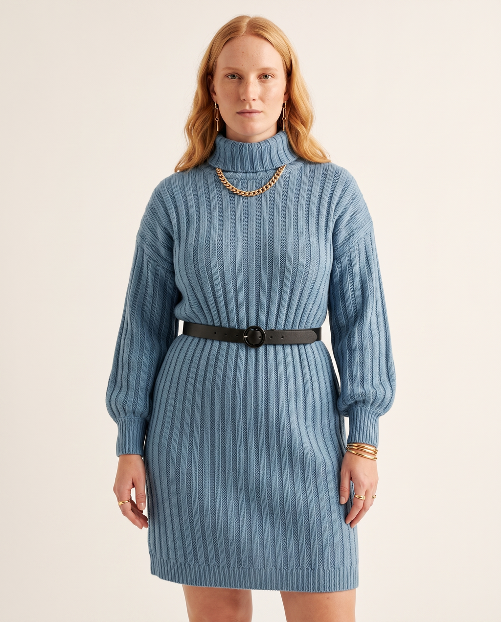 Knit & Loom Belted Rib Knit Dress in Blue