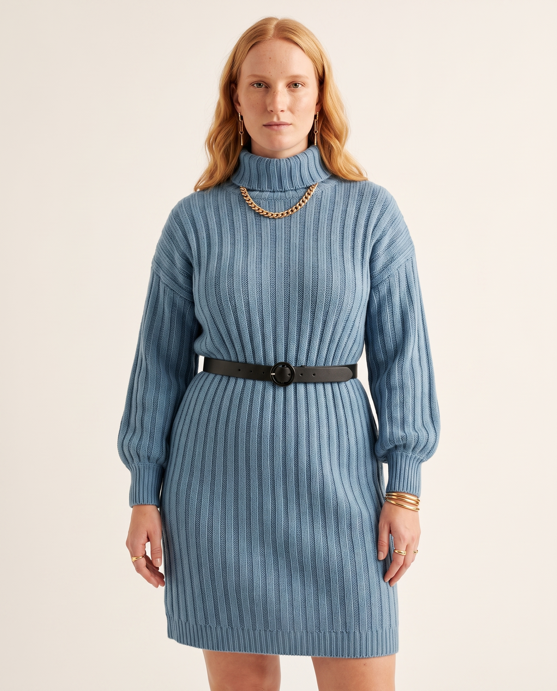 Knit & Loom Belted Rib Knit Dress in Blue