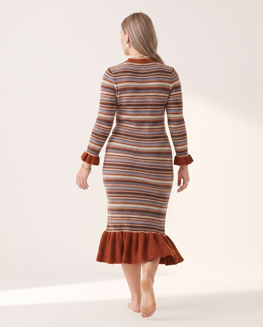 Knit & Loom Colourblock Knit Dress, back view with frilled hem