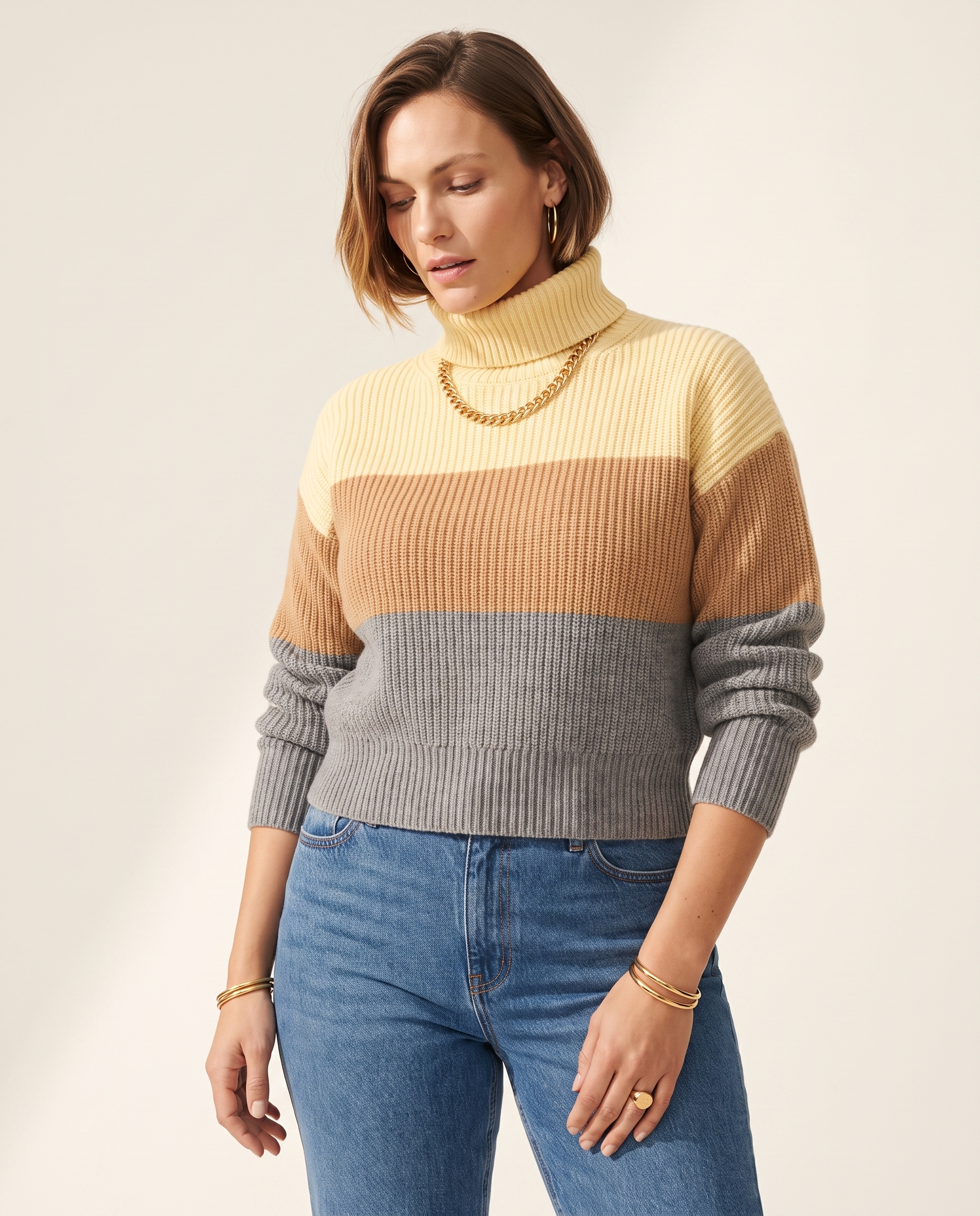Knit & Loom Three-Tone Roll Neck, three-quarter view