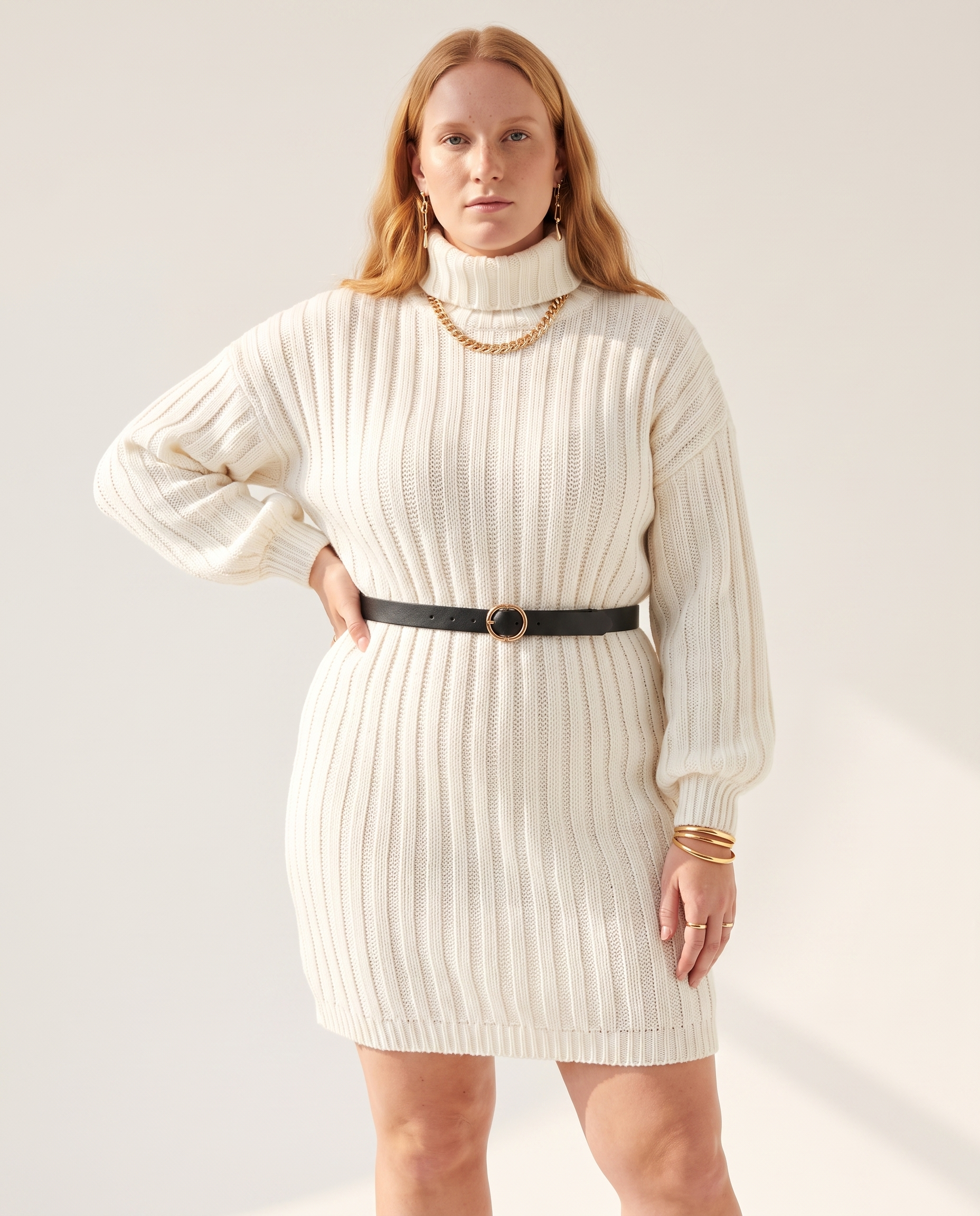 Knit & Loom Belted Rib Knit Dress in White