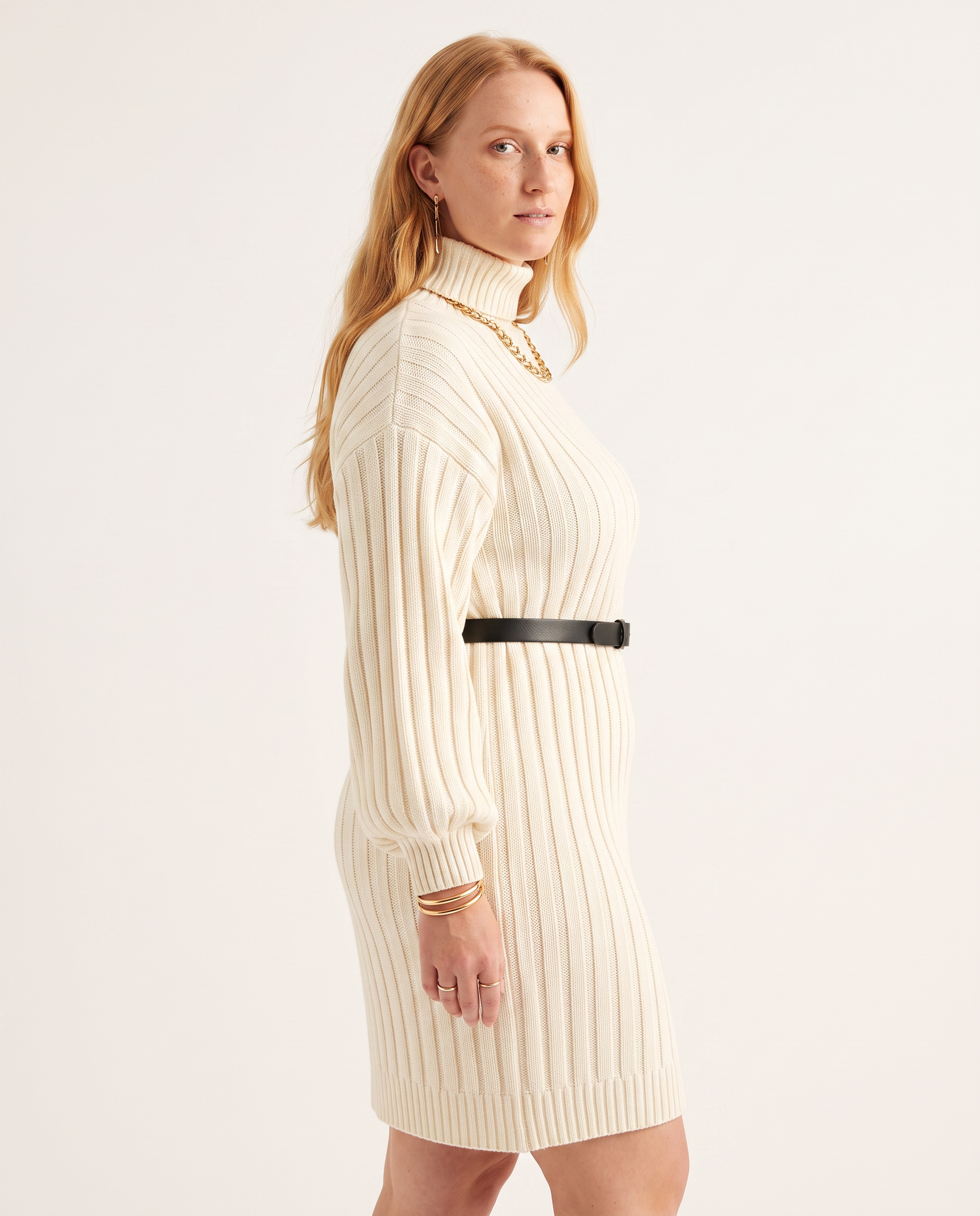 Belted Rib Knit Dress — three-quarter view, on a soft off-white studio backdrop