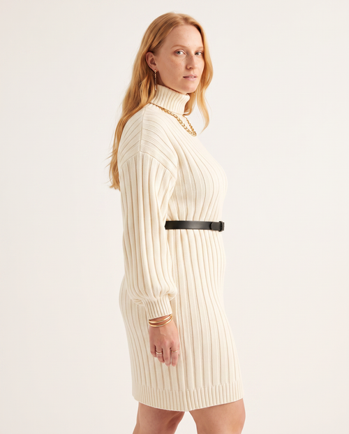 Belted Rib Knit Dress — three-quarter view, on a soft off-white studio backdrop