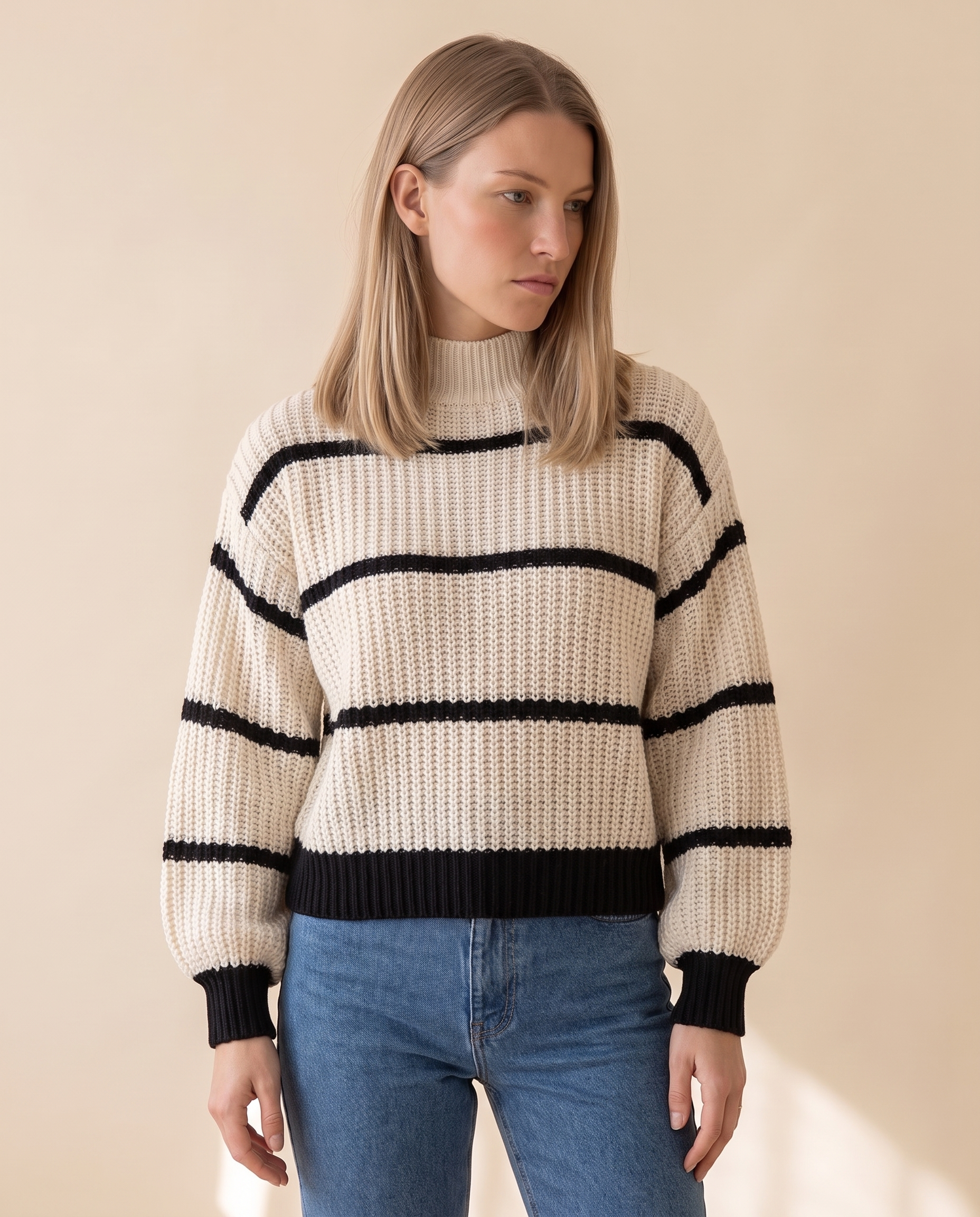 Lantern Sleeve Stripe Sweater on a pale sand studio backdrop