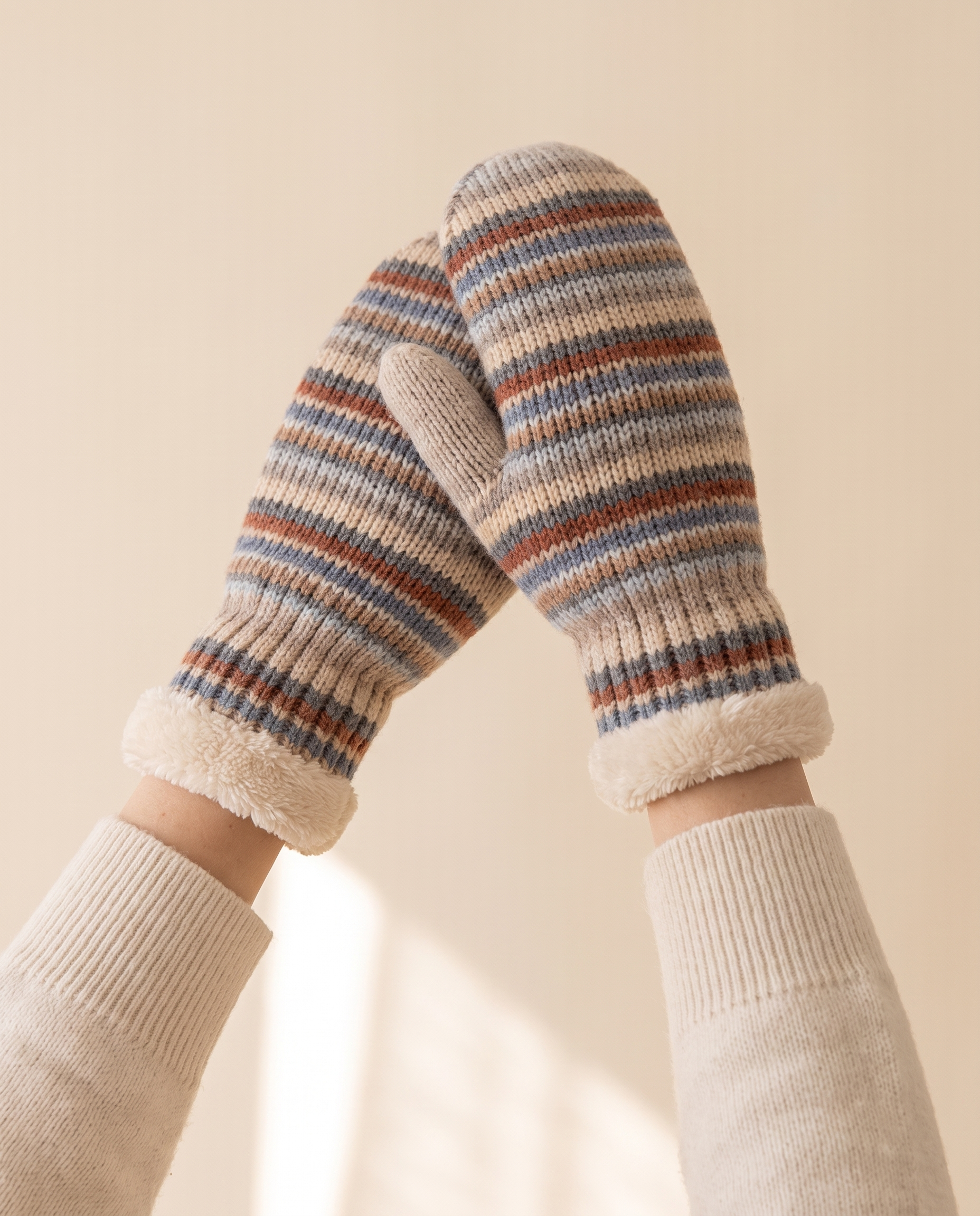Stripe Fleece Mittens on a pale sand studio backdrop