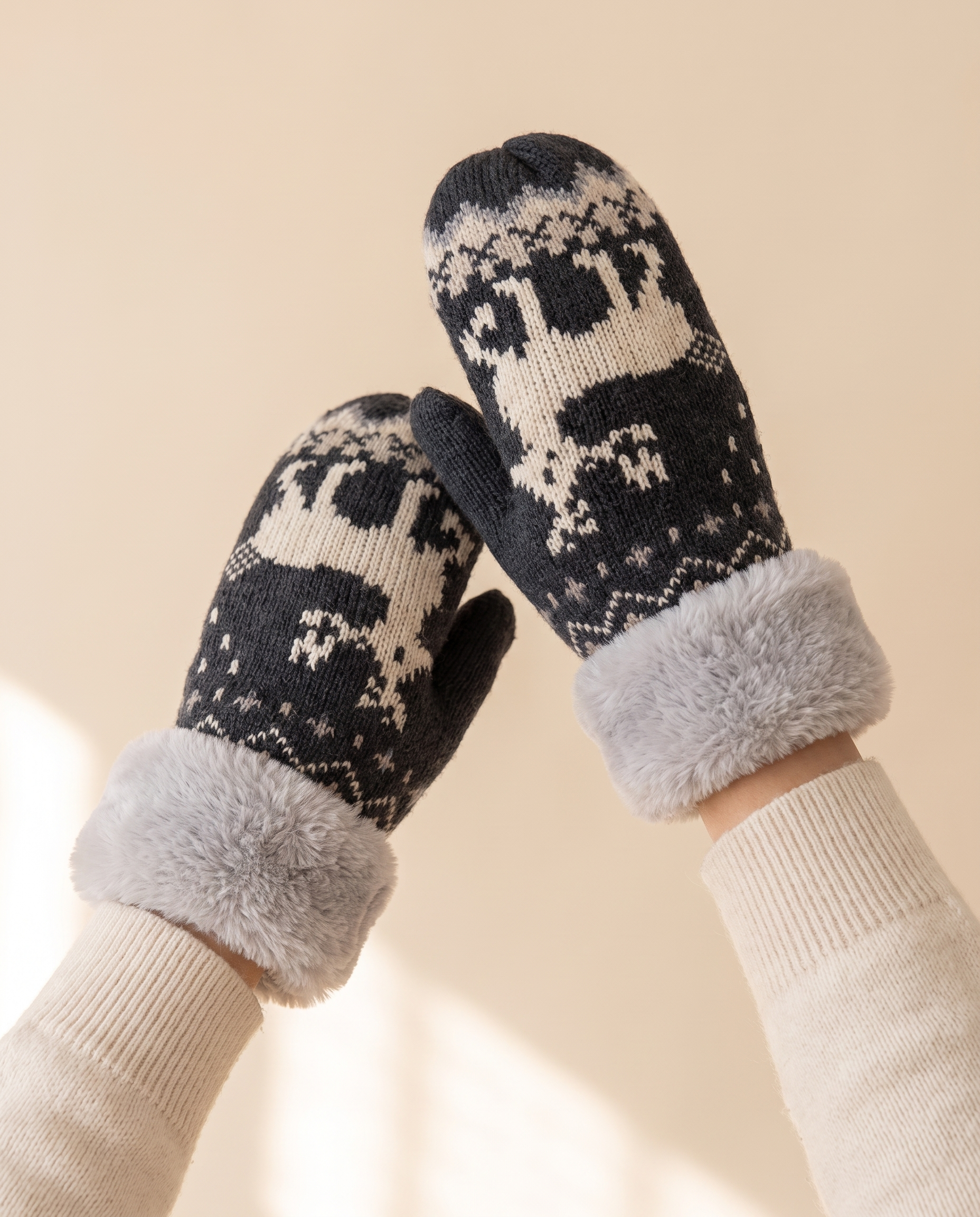 Nordic Fur-Cuff Mittens on a pale sand studio backdrop