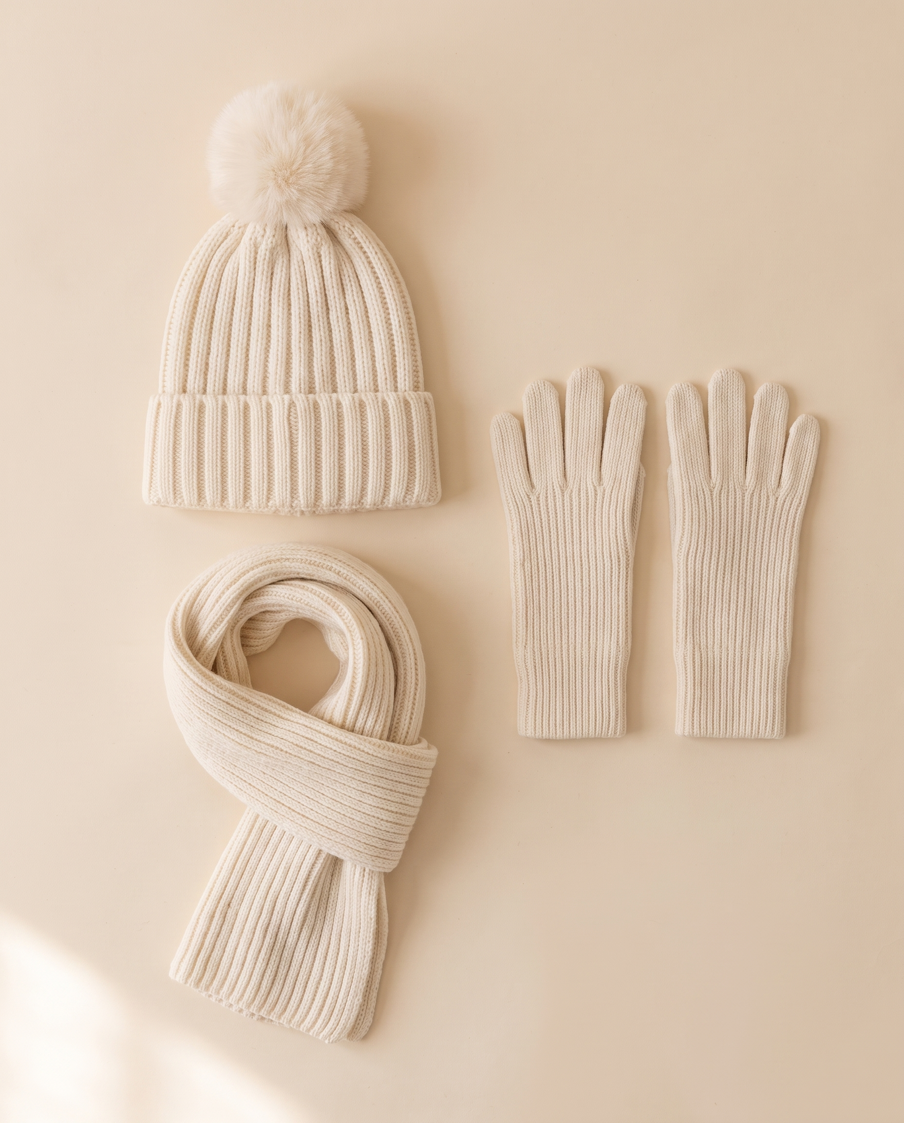 Hat, Scarf and Glove Set flat lay on a pale sand background