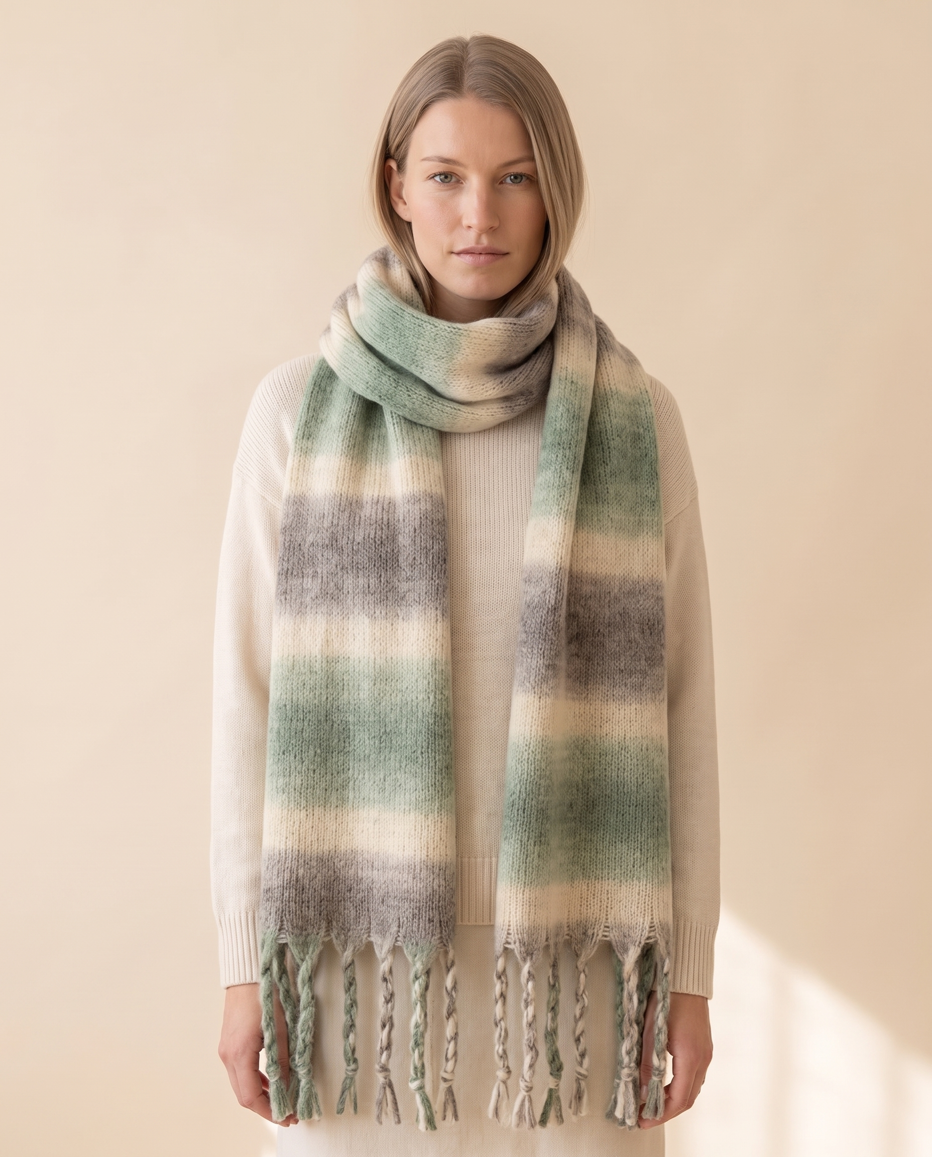 Fringed Stripe Scarf on a pale sand studio backdrop