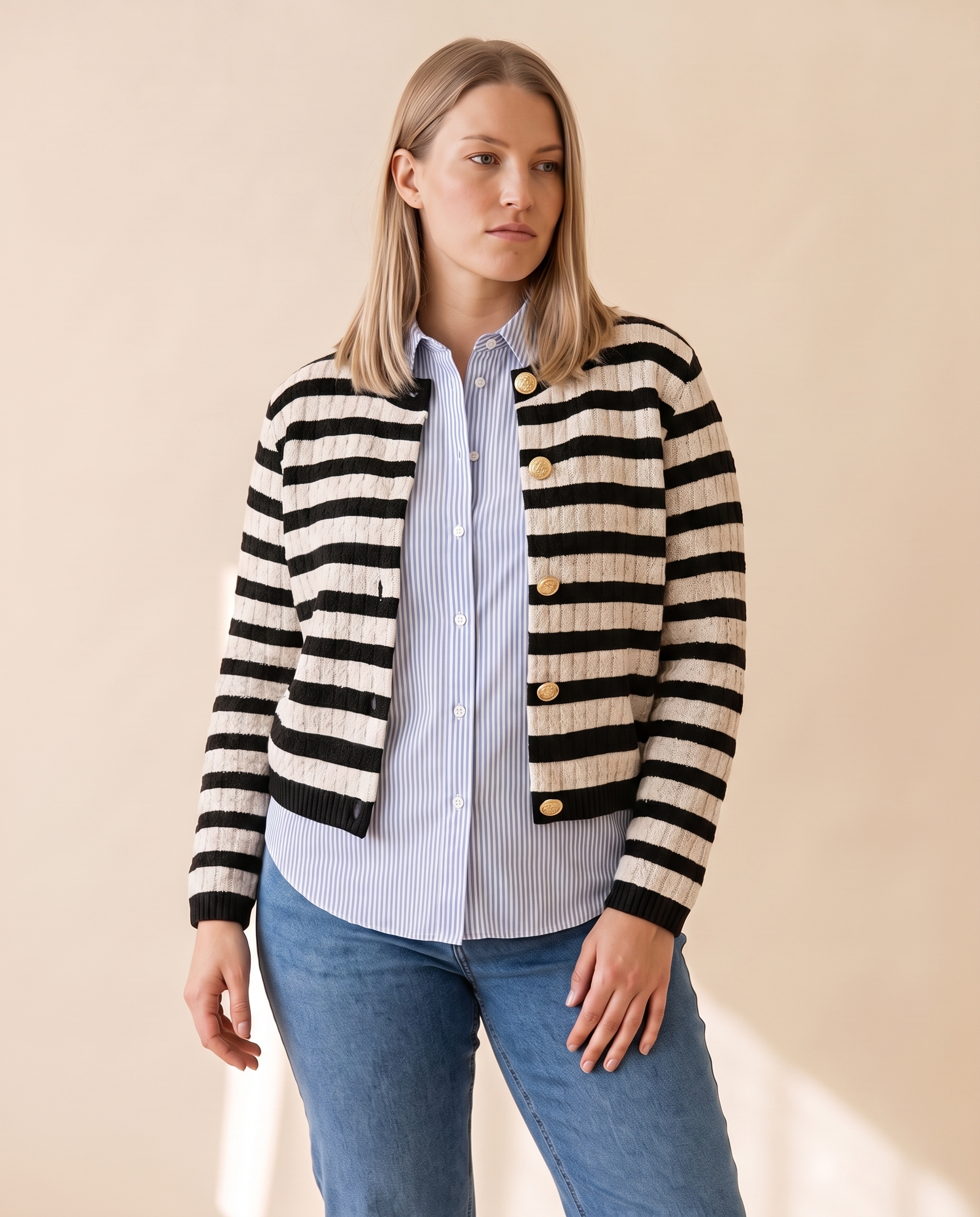 Gold Button Stripe Cardigan, three-quarter view