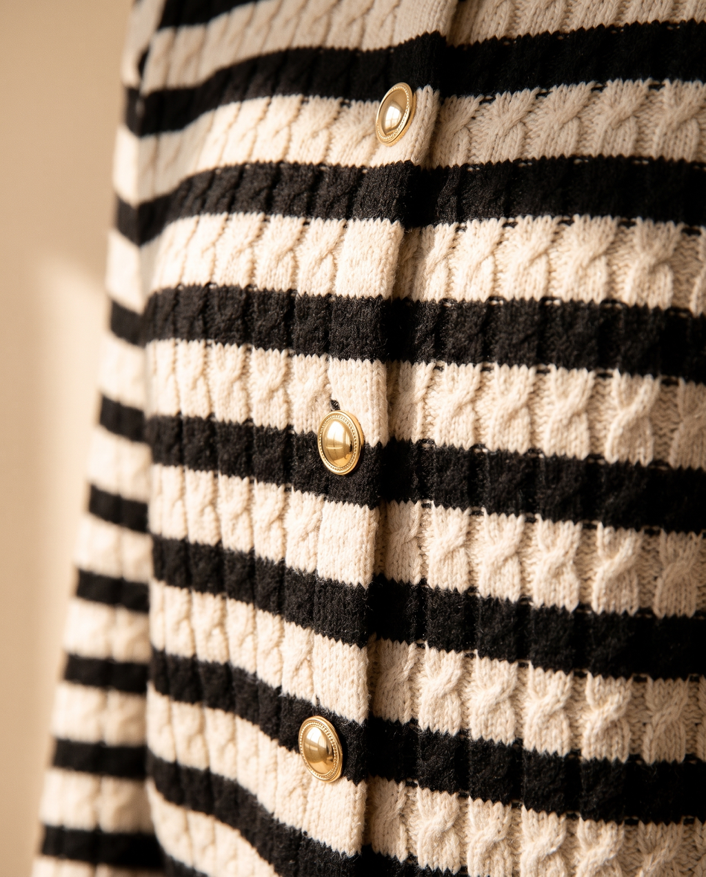 Gold Button Stripe Cardigan, knit and button detail