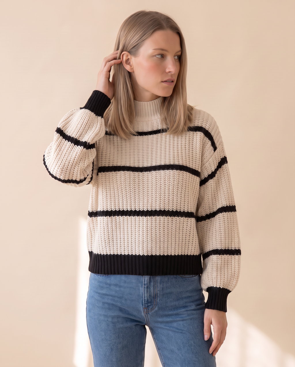 Lantern Sleeve Stripe Sweater, three-quarter view